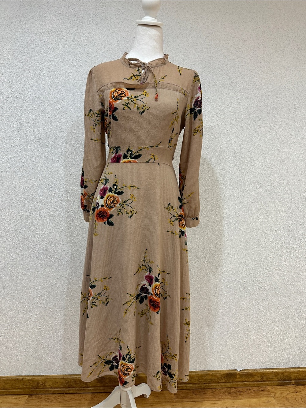 Tie-Neck Floral Maxi Dress in Beige